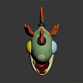 Cute 3D Green Fish Creature Character With Blue Eyes Sharp Teeth And Flame Details