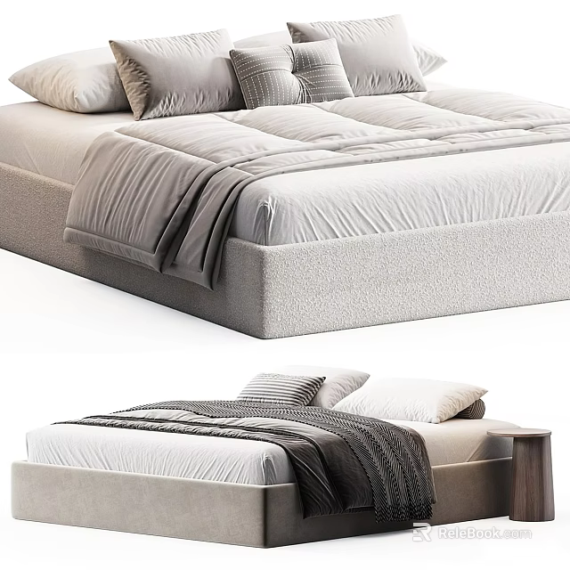 Modern Double Bed With Soft Linen Bedding Decorative Pillows And Blanket 3d model 