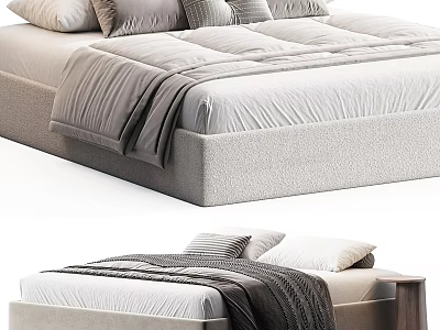 Modern Double Bed With Soft Linen Bedding Decorative Pillows And Blanket 3d model