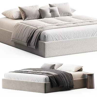 Modern Double Bed With Soft Linen Bedding Decorative Pillows And Blanket 3d model