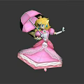 Princess Figure With Blonde Hair Pink Umbrella Pink Dress Crown Necklace Standing Against Gray Background