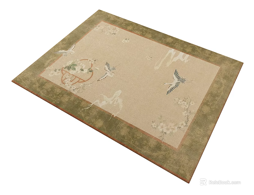 Elegant Square Carpet With Beige Base Green Border And Butterfly Flower Patterns 3d model