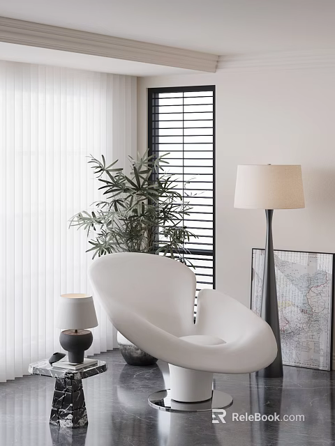 Modern Living Room With Unique Shaped Sofa White Blinds Green Plant Floor Lamp And Decor 3d model 