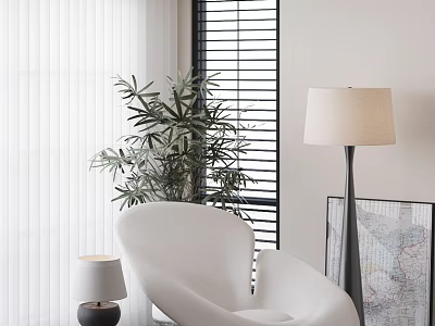 Modern Living Room With Unique Shaped Sofa White Blinds Green Plant Floor Lamp And Decor 3d model