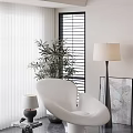 Modern Living Room With Unique Shaped Sofa White Blinds Green Plant Floor Lamp And Decor