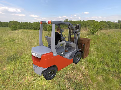 Orange and Gray Toyota Forklift As Industrial Equipment Carrying Wooden Crate In Outdoor Grassy Area 3d model