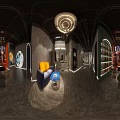 Interior Exhibition Space With Bookshelves Hanging Clothes Projected Moon Yellow Circular Design And Wall Text