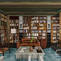 Living Room Interior With Green Walls Wooden Beam Ceiling Bookshelves Brown Gray Sofa