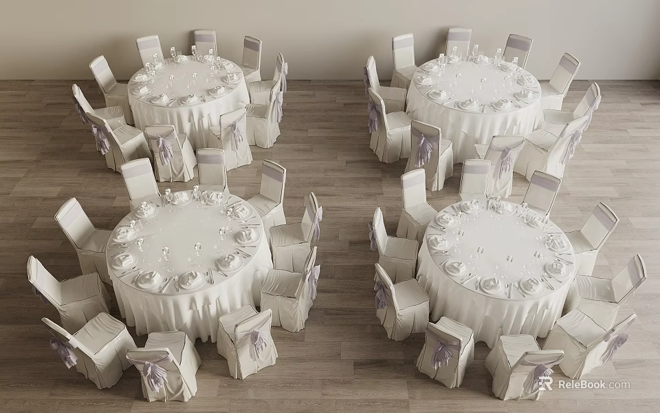Round Tables and Chairs with White Tablecloths and Purple Chair Decorations for Banquet Setting 3d model 