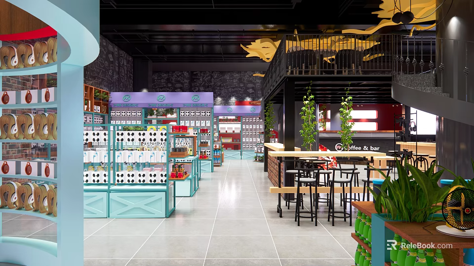 Modern Retail Store Interior With Shelves Products Tables Chairs And Green Plants 3d model 