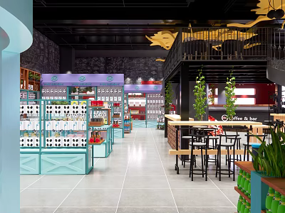 Modern Retail Store Interior With Shelves Products Tables Chairs And Green Plants 3d model