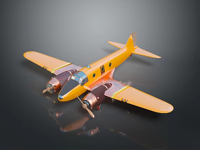 Yellow Twin Engine Toy Airplane Model Featuring Colorful Patterns Propellers And Reflection On Black Background 3d model