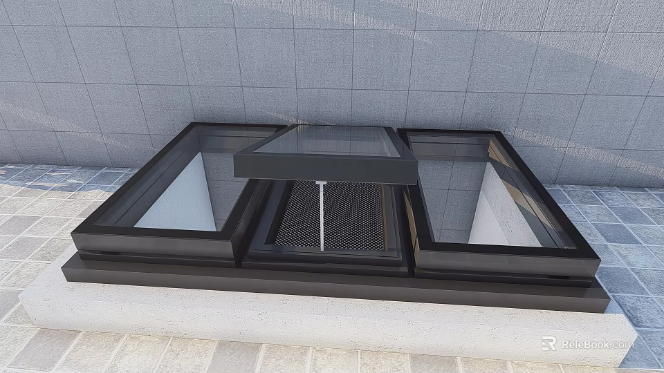 Modern Detached Villa Exterior With Black Frame Skylight And Gray Wall 3d model
