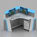 Modern Office Desk With Blue LED Lighting Ergonomic Chair And Computer Monitor