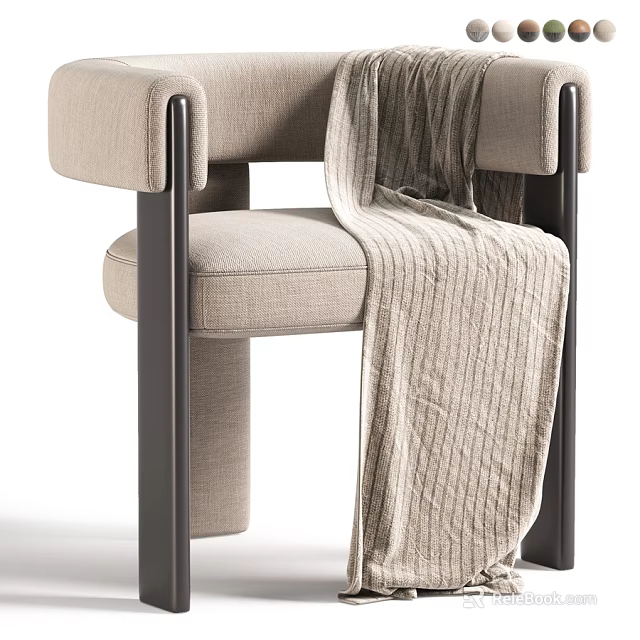 Modern Beige Fabric Upholstered Single Armchair With Sleek Dark Metal Frame And Cozy Throw Blanket 3d model 