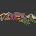 Colorful Outdoor Market Stalls With Red White Green Striped Canopies And Fresh Produce Tables
