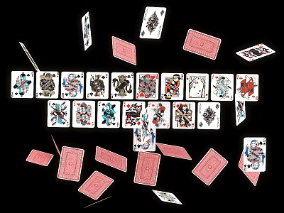 Scattered Playing Cards With Various Suits And Colorful Patterns For Entertainment 3d model