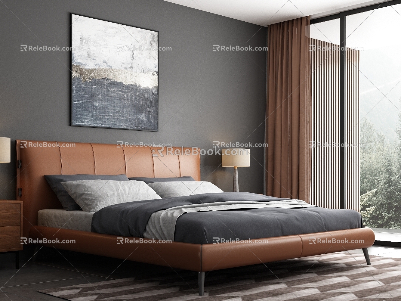 Modern Simple Double Bed Leather Bed Bedroom Double Bed 3d model