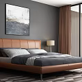 Double Bed With Brown Leather Headboard Gray White Bedding Side Tables And Lamps On Dark Gray Wall