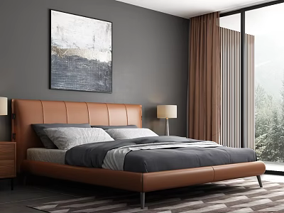 Double Bed With Brown Leather Headboard Gray White Bedding Side Tables And Lamps On Dark Gray Wall 3d model