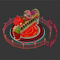 Vibrant Red Yellow Carousel With Decorative Horses Circular Railing And Colorful Rings