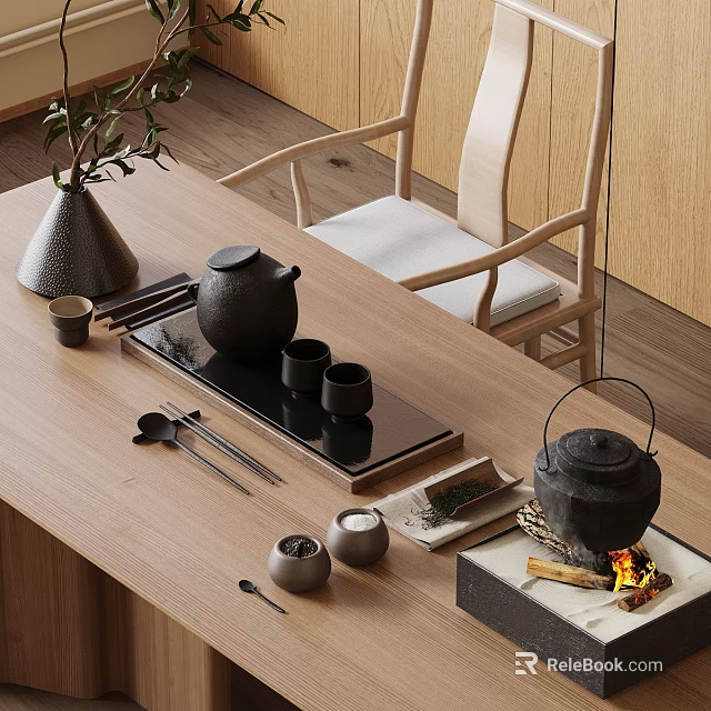 Traditional Tea Set with Teapot Teacups Tea Tray and Charcoal Fire on Wooden Table 3d model 