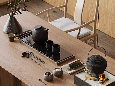 Traditional Tea Set with Teapot Teacups Tea Tray and Charcoal Fire on Wooden Table 3d model