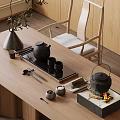 Traditional Tea Set with Teapot Teacups Tea Tray and Charcoal Fire on Wooden Table