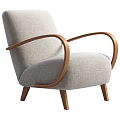 Comfortable Light Gray Fabric Accent Chair With Curved Wooden Armrests And Wooden Legs