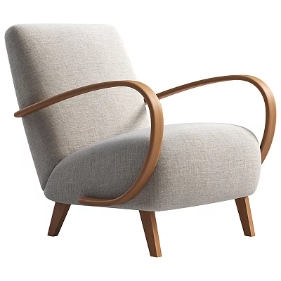 Comfortable Light Gray Fabric Accent Chair With Curved Wooden Armrests And Wooden Legs 3d model