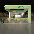 Subway Restaurant Green Kiosk Interior With Yellow Chairs Tables And Menu Boards