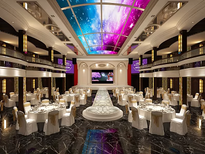 Luxurious Banquet Hall Interior With Starry Sky Ceiling Dining Tables White Chair Covers And Stage 3d model