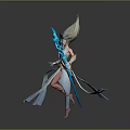 Elegant Mythical Elf Creature In Flowing White Outfit With Blue Staff And Eye Patterns