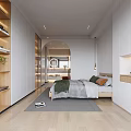 Modern Bedroom Interior With Wooden Bed Gray Brown Quilt Desk Bookshelf And Metal Chair