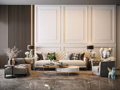 Elegant Modern Sofa And Coffee Table Set With Cushions Table Lamp And Decorative Items 3d model