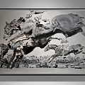 Large Modern Blue Toned Animal Painting With Running Horses And Abstract Art Background