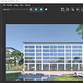 Modern Residential Building With Glass Windows Surrounded By Trees Pond And Outdoor Seating