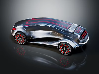 Silver Car With Red Roof Stripe Red Rims Streamlined Body And Reflective Finish 3d model