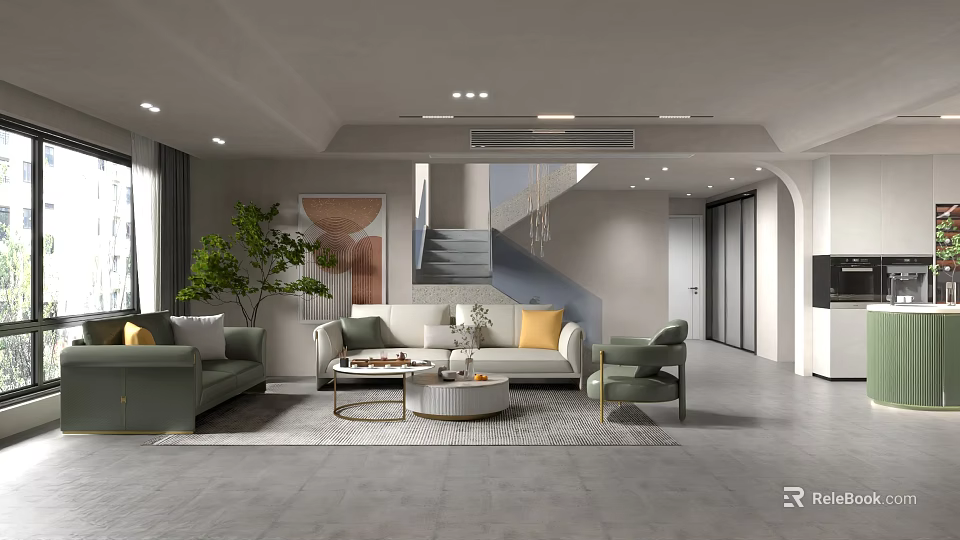 Modern Living Room Interior Design With Green Sofa Armchair Coffee Table Plant And Wall Art 3d model 