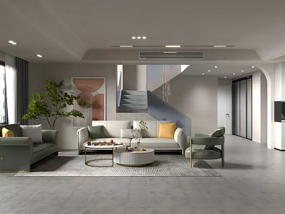 Modern Living Room Interior Design With Green Sofa Armchair Coffee Table Plant And Wall Art 3d model