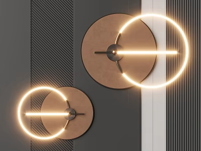 Circular Copper Wall Decor with Illuminated LED Ring on Gray Striped Wall 3d model