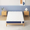 Double Bed With White Blue Mattress Wooden Frame Bedside Tables Blue Striped Wall Abstract Painting