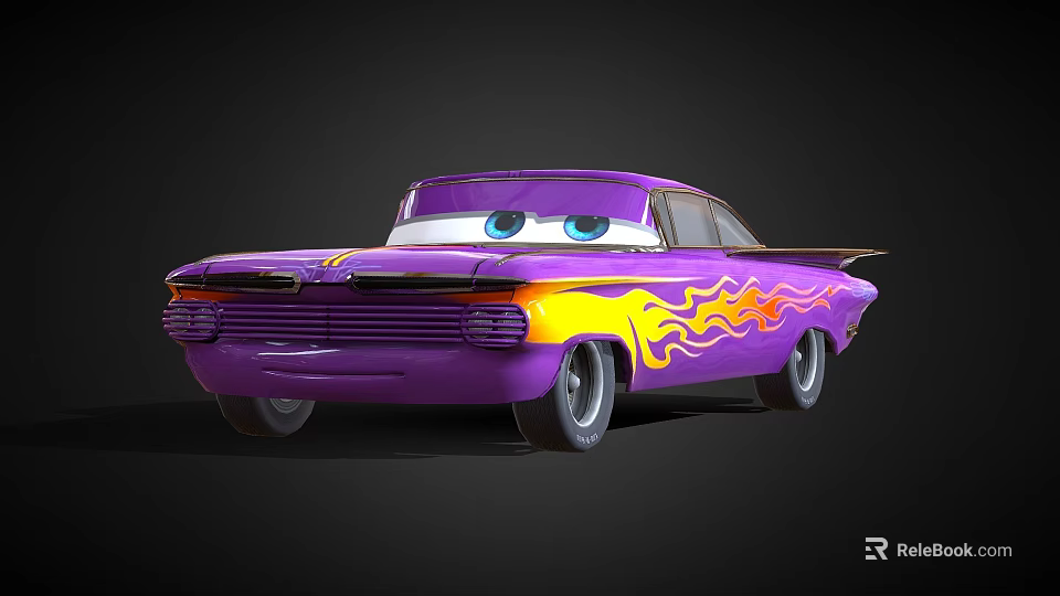 Cartoon Style Purple Car With Yellow Flame Decals And Big Blue Eyes 3d model 