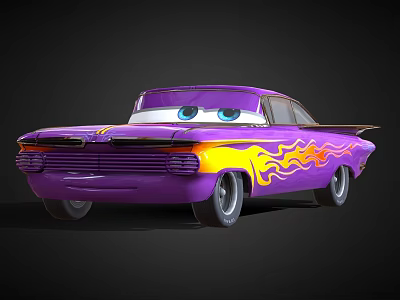 Cartoon Style Purple Car With Yellow Flame Decals And Big Blue Eyes 3d model