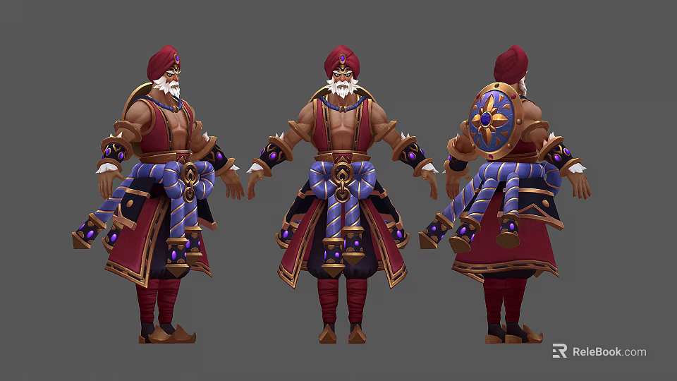 Bearded Man In Red And Blue Outfit With Turban Star Patterned Shield And Armored Accents 3d model 