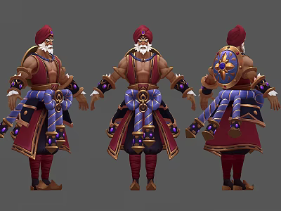 Bearded Man In Red And Blue Outfit With Turban Star Patterned Shield And Armored Accents 3d model