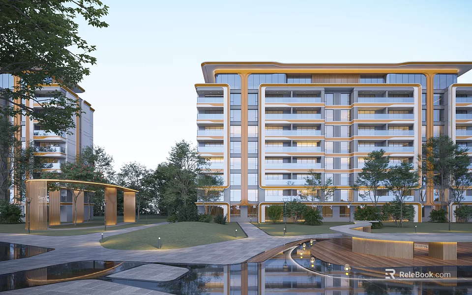 Modern Multi storey Residential Building With Garden Landscape Water Feature Glass Curtain Wall And Golden Accents 3d model 