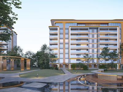 Modern Multi storey Residential Building With Garden Landscape Water Feature Glass Curtain Wall And Golden Accents 3d model