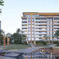 Modern Multi storey Residential Building With Garden Landscape Water Feature Glass Curtain Wall And Golden Accents