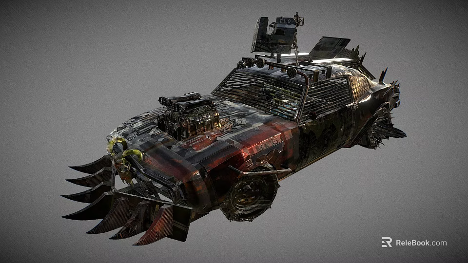 Apocalyptic Modified Battle Car With Spiked Front Roof Mounted Weapons And Metal Armor 3d model 